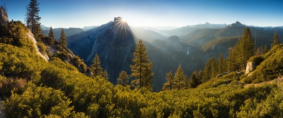 Sunrise over a mountain valley seen from a scenic overlook